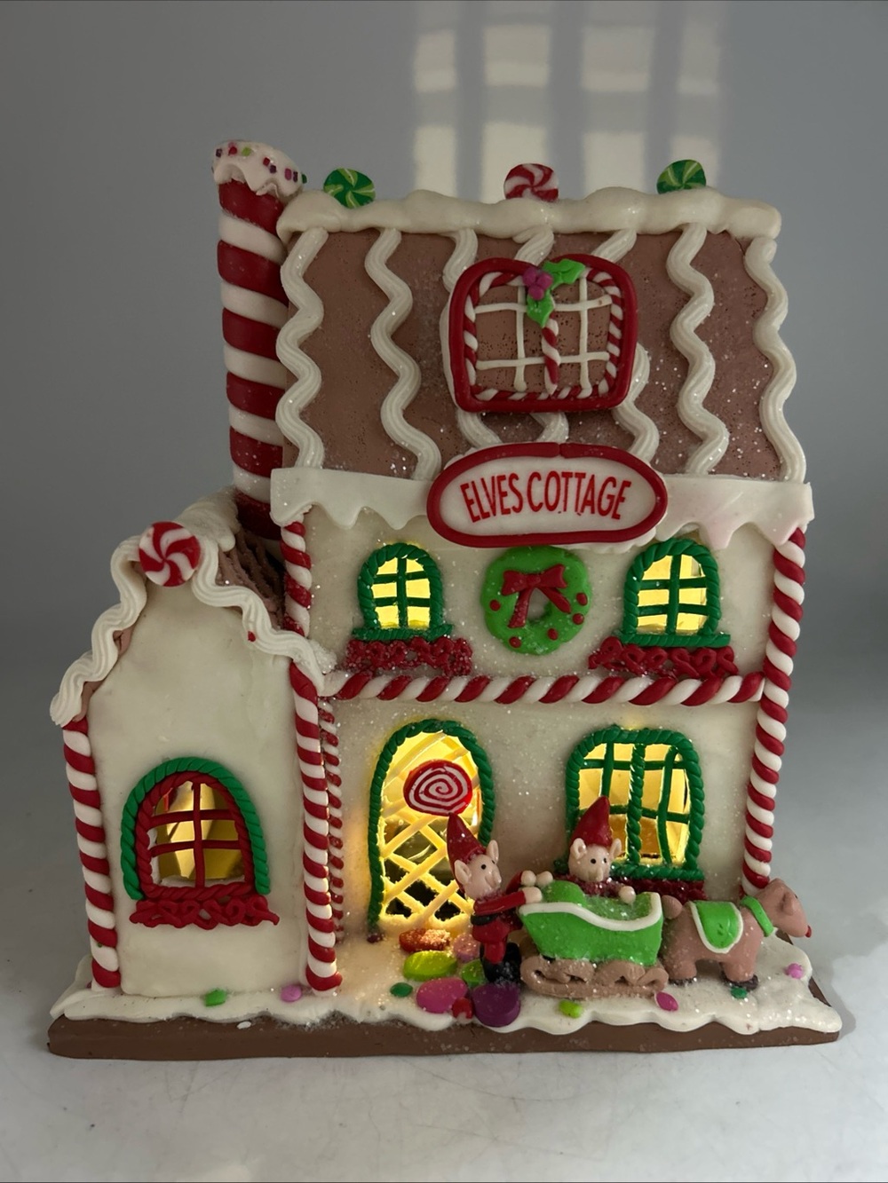 9x8” Candy cane Gingerbread Lighted House “Elves Cottage” Christmas Snow Scene